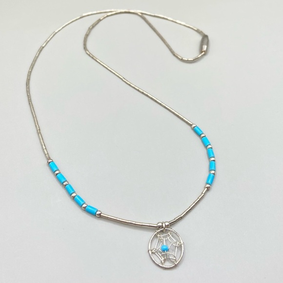 Vintage Liquid Silver Blue Bead Dreamcatcher Necklace - Picture 4 of 5